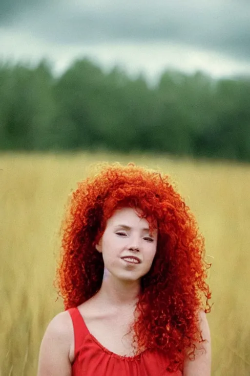 Prompt: a woman with red curly hair standing in a field during a storm, 9 0 s vibe, 9 0 s aesthetic, 1 9 9 0 s, photograph taken with 1 9 9 0 s kodak film