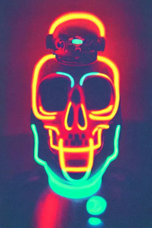 Prompt: astronaut with neon glowing skull, 1 9 6 0 s, color bleed, ektachrome photograph, volumetric lighting, f 8 aperture, cinematic eastman 5 3 8 4 film stanley kubrick