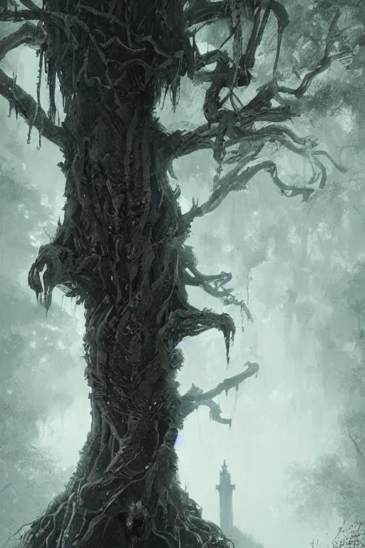 Prompt: tall bone tree illustration eerie by greg rutkowski ultrahd