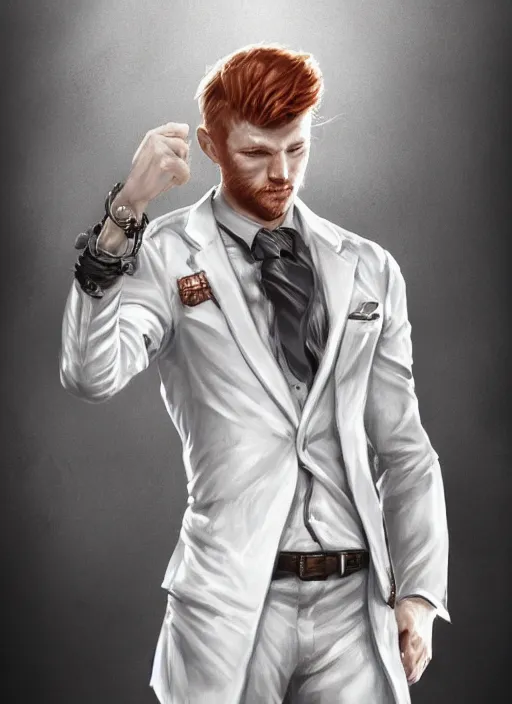 Prompt: a highly detailed illustration of short ginger haired man wearing white suit, dramatic holding grimoire pose, muscular, intricate, elegant, highly detailed, centered, digital painting, artstation, concept art, smooth, sharp focus, league of legends concept art, WLOP