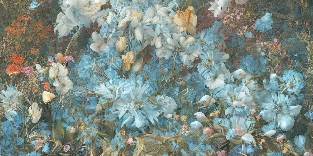 Prompt: breathtaking detailed concept art painting of goddesses of light blue flowers with anxious piercing eyes and background pattern blend of flowers and fruits and birds, by hsiao - ron cheng and beto val and john james audubon, bizarre compositions, exquisite detail, extremely moody lighting, 8 k