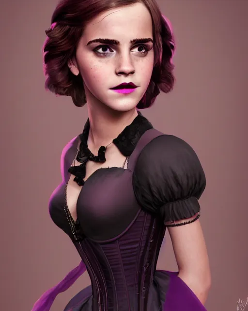 Image similar to full shot portrait painting of very beautiful emma watson standing as black violet maiden in stockings corset noir streets, character design by mark ryden and pixar and hayao miyazaki, unreal 5, daz, hyperrealistic, octane render, cosplay, rpg portrait, dynamic lighting, intricate detail, cinematic