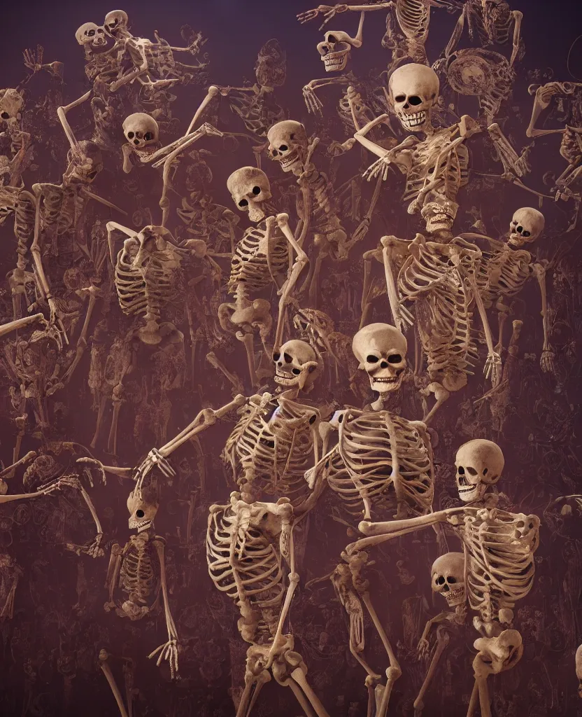 Image similar to dia de muertos detailed skeletons dancing in Mexico, highly detailed, cinematic, dramatic, unreal engine, iray, render, zbrush, pixar, realistic, Octane, realistic
