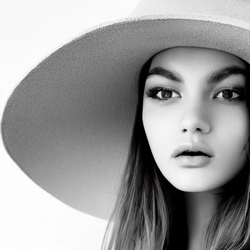 Prompt: black and white centered close-up of fashion model girl in wide white hat, hyperrealism