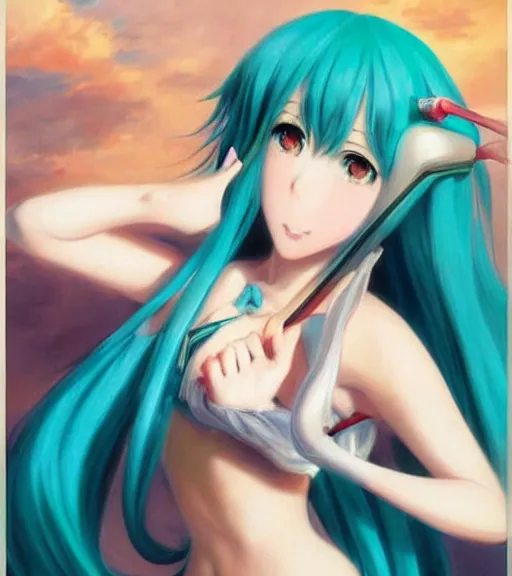 Prompt: Anime art very beautiful Hatsune miku by Gil Elvgren, Vladimir Volegov, Earl Moran, Enoch Bolles