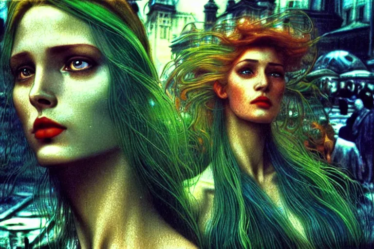 Image similar to realistic detailed photorealistic film portrait shot of a beautiful green haired woman in a crowded futuristic moscow street by Denis Villeneuve, Amano, Yves Tanguy, Alphonse Mucha, Ernst Haeckel, Andrei Tarkovsky, Edward Robert Hughes, Roger Dean, rich moody colours, wide angle, blue eyes