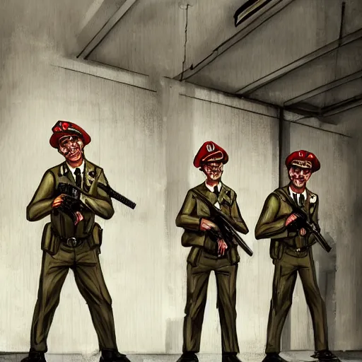 Prompt: zombie security officers from 1 9 6 0 with glowing pale red skin in beige uniforms and caps holding bullpup rifles in a brutalist office setting trending on artstation digital painting 4 k sharp detail high quality