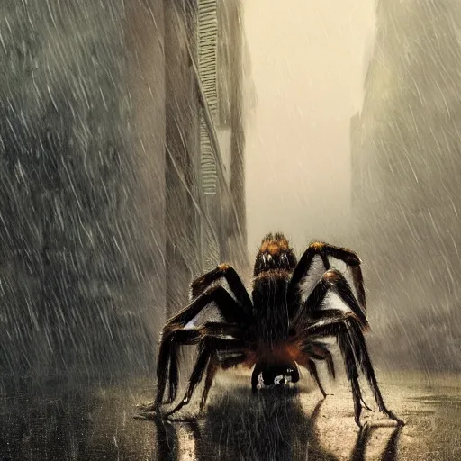 Image similar to A colossal tarantula walking in the rain, cinematic lighting, dramatic atmosphere, by Dustin Nguyen, Akihiko Yoshida, Greg Tocchini, Greg Rutkowski, Cliff Chiang, 4k resolution, trending on artstation,1900s