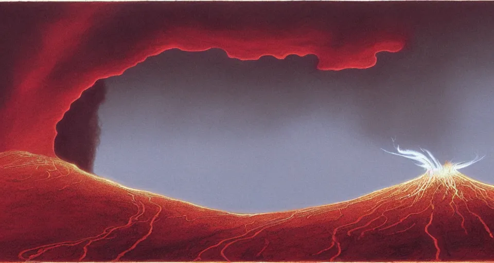 Image similar to a volcano made of ivory vines and crimson rocks enters in eruption, it spits a smoke in the shape of demonic eye, by john howe