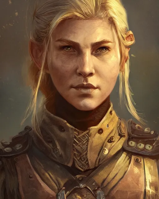 Image similar to the elder scrolls vi, charismatic rugged female nord warrior portrait, illustration, rim light, top light, perfectly shaded, golden hour, epic, intricate, soft painting, art by ross tran, krenz cushart and wenjun lin