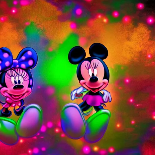 Image similar to ! dream minnie and mickey mouse doing lsd at a rave highly detailed digital photograph cinematic lighting