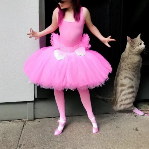 Prompt: a cat with sunglasses in a pink ballerina outfit