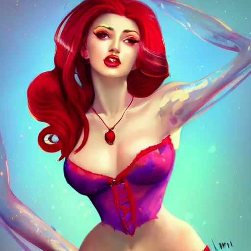 Prompt: beautiful digital art pinup portrait of a fantasy woman with colorful and bubbly attire and red hair, by zumi draws, aleriia _ v ( lerapi ), warren louw, jongwoo lee, treding on artstation, anatomically correct, popular masterpiece, detailed, photoshop, clip studio paint, smooth shading.