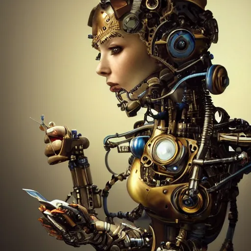 Image similar to a beautiful intricate fine art portrait photo of a a mechanical industrial steampunk cybernetic robot reading a letter held in her hands, by tom bagshaw and zach sutton, perfection!, happiness!!, golden ratio composition, studio lighting, 50mm lens, very detailed, bionic, cybernetic scifi, deep depth of field, artstation, 8K, highly coherent