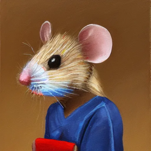 Image similar to A portrait of a mouse wearing scrubs and a face mask, oil painting