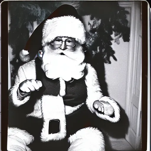 Prompt: 1972 polaroid flash photo of Santa Claus surprised on Christmas Eve