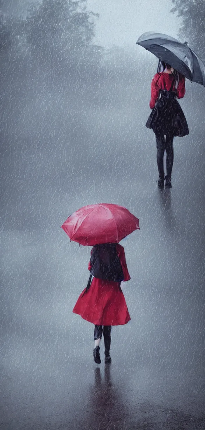 Image similar to girl with umbrella on the wet road, rain, thunder, fog, anime style