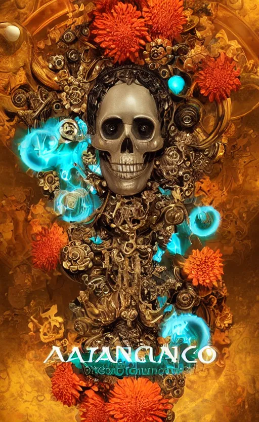 Image similar to a 3d Letter A with a large glowing orange crystal in the center, bronze cyberpunk style statue, mechanical chrysanthemums, flowing aqua silk, fabric, steampunk flowers. baroque elements, human skull. full-length view. baroque element. intricate artwork by caravaggio. many flying horses on background. Trending on artstation, octane render, cinematic lighting from the right, hyper realism, octane render, 8k, depth of field, 3D