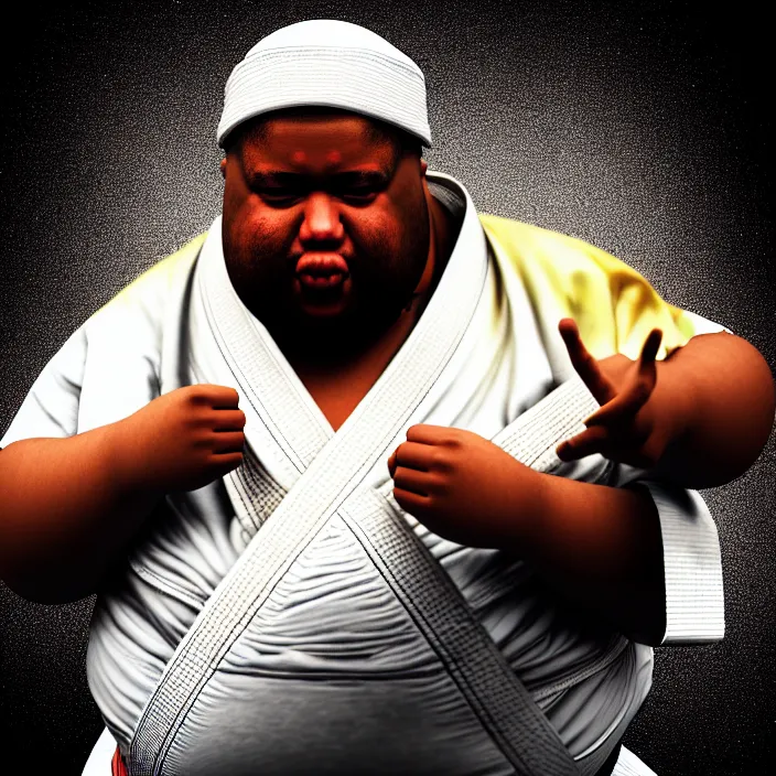 Image similar to hyperrealistic mixed media portrait of a moridly obese black man with dreads wearing a gi, doing martial arts, 8k octane beautifully detailed render, post-processing, extremely hyperdetailed, trending on artstation