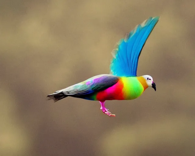 Prompt: rainbow pigeon with scallop on the head, realistic photo