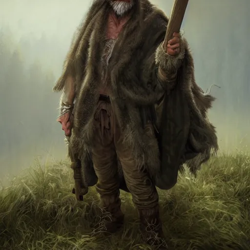 Image similar to realistic a human hobo druid with an axe beak, fantasy book, high detail, 8 k, octane render painting, dark fantasy