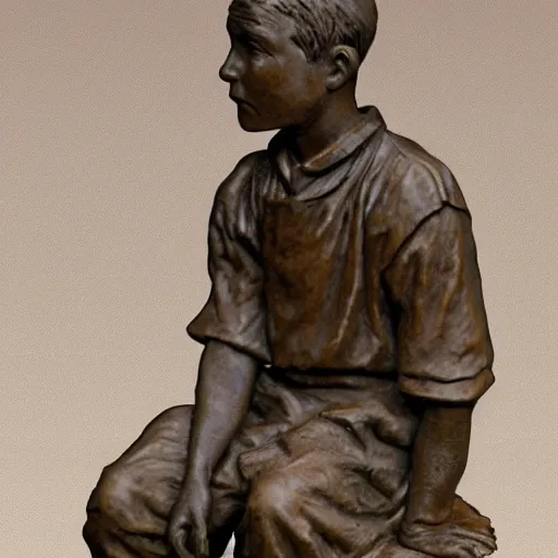 Prompt: high resolution photograph of a bronze cast sculpture of a sad peasant boy in the style of carl spitzweg