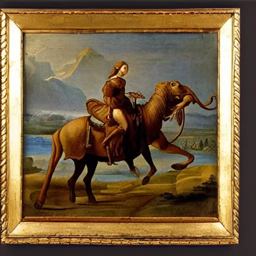 Prompt: a renaissance oil painting of a mammoth riding warrior, portrait