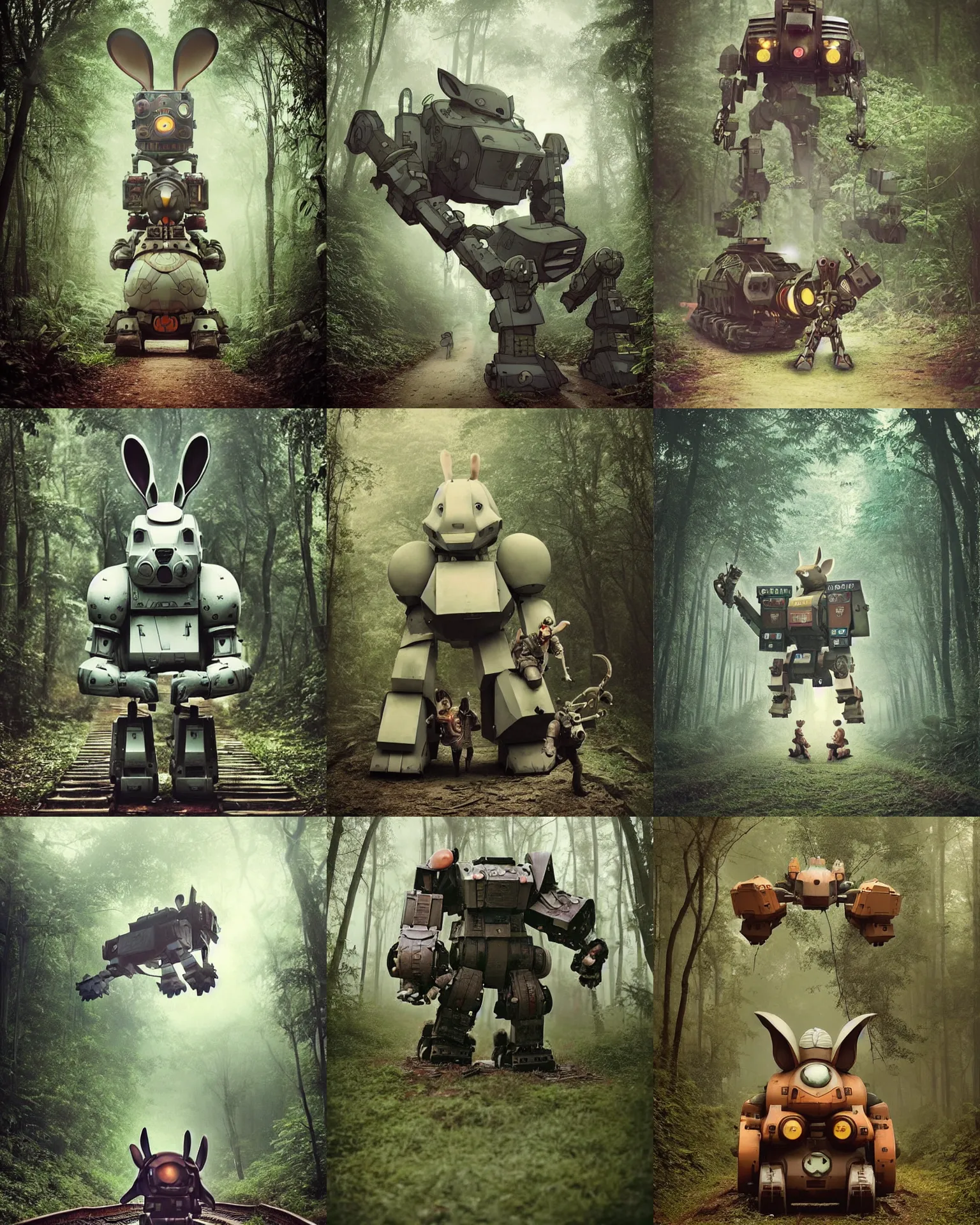 Prompt: epic battle pose !!!giant oversized battle rabbit robot chubby mech train with big ears , on a jungle forest , full body , Cinematic focus, Polaroid photo, vintage , neutral dull colors, foggy , dark nighttime by oleg oprisco , by victor enrich , by gregory crewdson