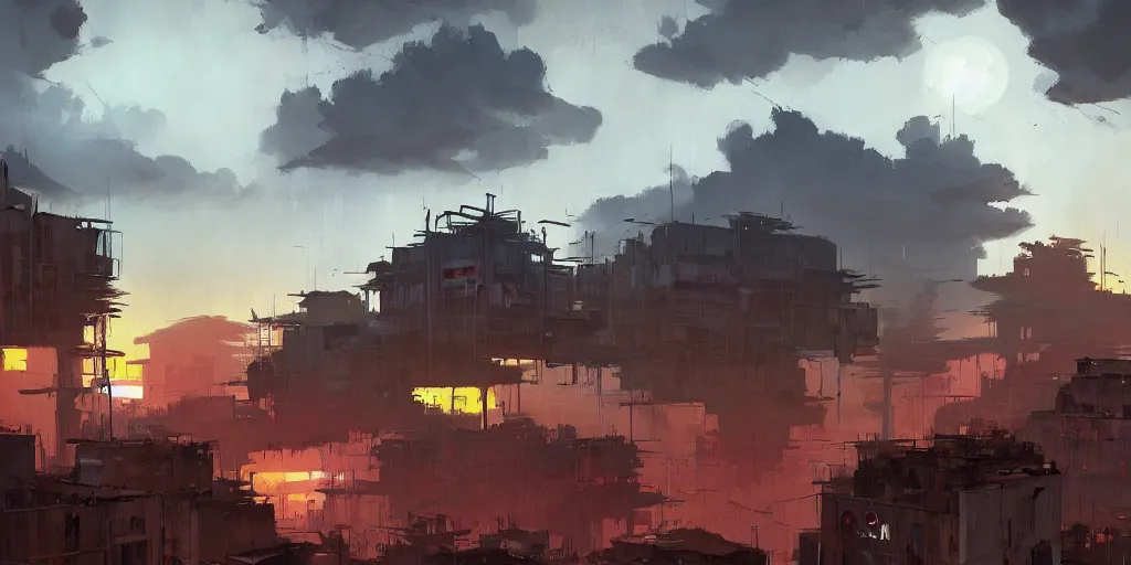 Prompt: Ian McQue Lee painting of a cyberpunk African favela, hazy sunset with dramatic clouds, asymmetrical, trending on Artstation, High quality image