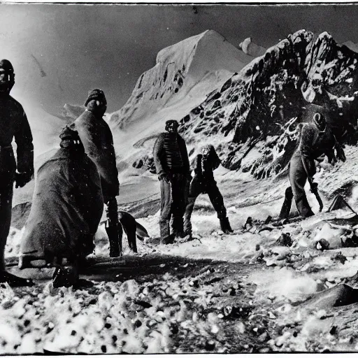 Prompt: vintage photograph of Antartic expedition members looking at several corpses of eldritch elder being servitor ogranic blood and guts shoggoth mutated anatomy bodies, mountains of madness by H.P. Lovecraft, hyper photorealism, cinematic shot, low angle, 35mm 1926. camera lens, retro, movie still footage
