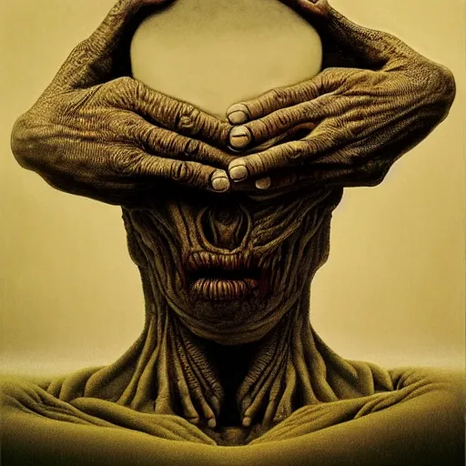 Image similar to Two hands holding a head with only one big eye by Zdzislaw Beksinski, Jeffrey Smith and H.R. Giger, oil on canvas, 8k highly professionally detailed, trending on artstation