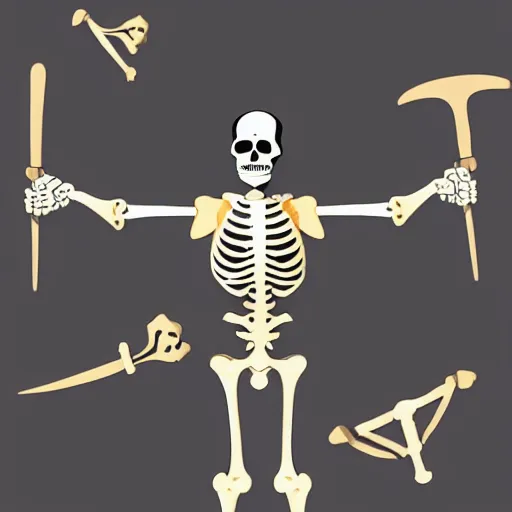 Prompt: black background, white skeleton foreground, skeleton holding axe, gold bones, style of hr geiger