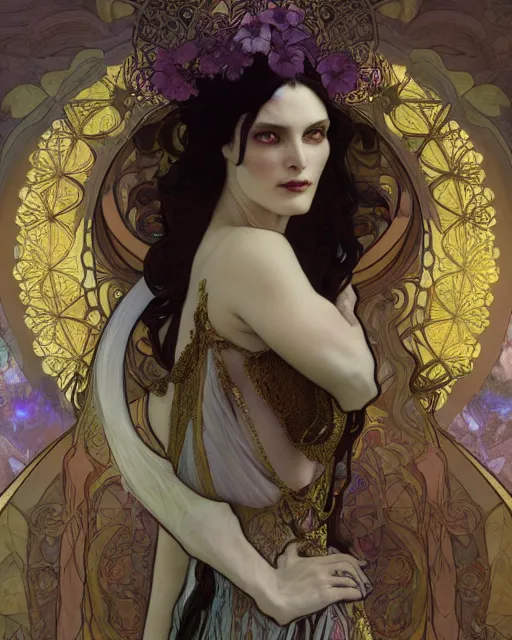 Image similar to alfons mucha and wlop detailed portrait digital rococo painting of a beautiful serious villainess wearing fantasy clothing like liliana vess, villainess has black angel wings, evil mood, hellish battlefield in the background, unreal engine, embers flying, hyper realism, realistic shading, cinematic composition, blender render, octane render, ultrawide shot