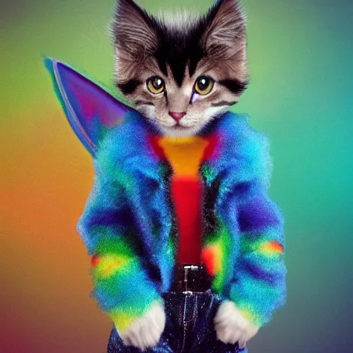 Image similar to wide angle full body, jacket wearing fluffy cute rainbow kitten wearing a black leather motorcycle jacket, cinematic concept art