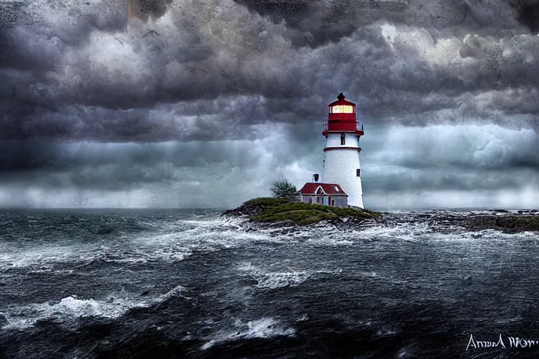 Image similar to hdr lighthouse cove in new england, stormy matte painting by andrea kowch, detailed realistic