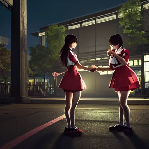Image similar to two japanese schoolgirls fighting in the parking lot of a store at night, intricate details, complementary lighting, detailed face, backlighting, octane render, raytraced, depth of field, extremely detailed, trending in artstation, sharp focus, radiant light, beautiful composition, yihao ren, zochi, zero - hour, jean paul fiction