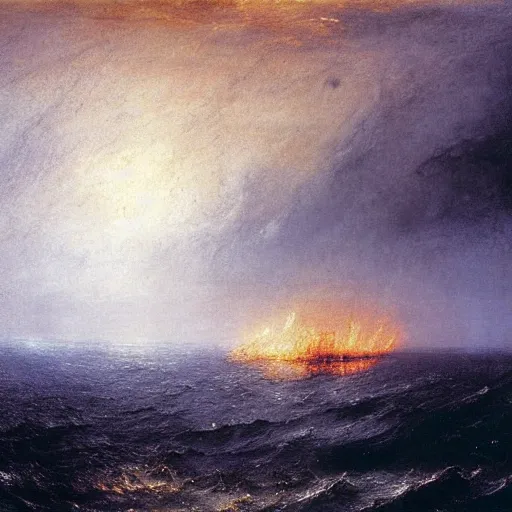 Image similar to a ship burning in the distance during a storm, by william turner, by beksinski, by caspar david friedrich, oil painting, romantism, realism, limited palette