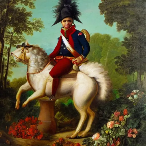 Image similar to a giant squirrel carrying napoleon bonaparte on its back, beach scene with flowers and foliage, detailed oil painting