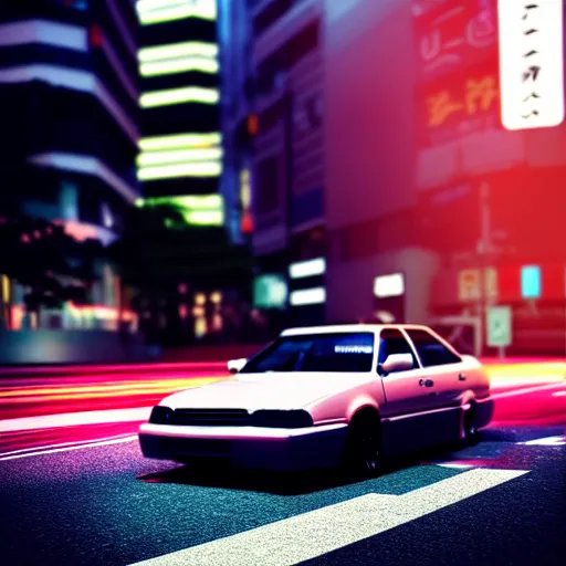 Image similar to a car drifting JZX100 in middle of road, shibuya prefecture, city sunset, cinematic color, photorealistic, highly detailed, bokeh, octane render