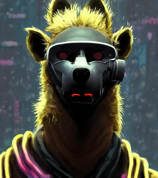 Image similar to new york city portrait icon of furry anthro anthropomorphic spotted hyena head animal person fursona wearing clothes strange cybernetic metal muzzle gloomy rainy screenshot from the video game cyberpunk 2077 digital art by Greg Rutkowski, Simon Stalenhag, christopher nolan trending on Artstation, CGSociety