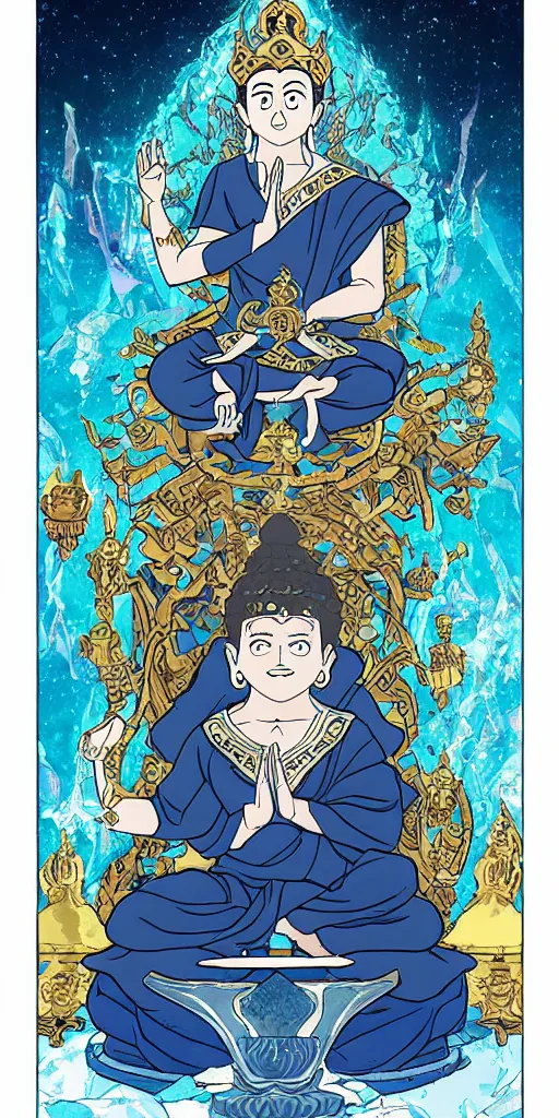 Image similar to buddha sitting on a throne of ice drawn by studio trigger, in the style of Little Witch Academia, spiritual enlightenment, tarot card, Tarot card the Hierophant