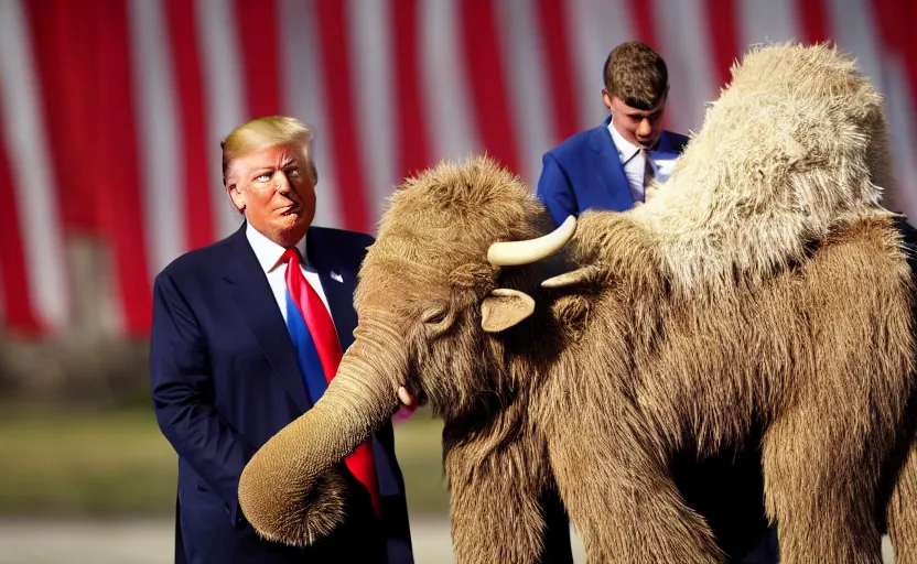 Image similar to Donald Trump in a baby mammoth costume , with an open face