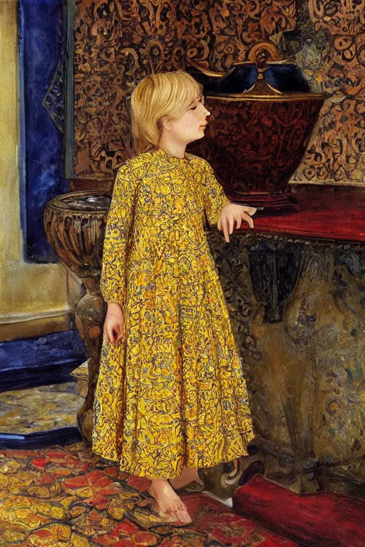 Image similar to girl waer detailed golden arabesque dress with a lot of narcissus in persian pot, painting by alberto mielgo