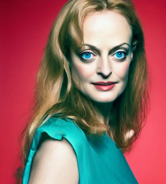 Prompt: beautiful portrait photo of Heather Graham, symmetric face, symmetric eyes, slight smile, photo by Annie Leibovitz, 85mm, teal studio backdrop, Getty images