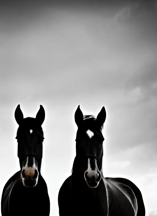 Image similar to two horses black and white portrait white sky in background