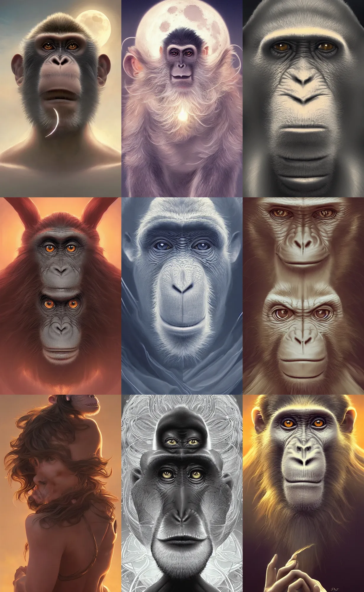 Prompt: symmetry!! ultra realistic portrait of monkey with wispy smoke! moon in background, intricate, elegant, highly detailed, digital painting, artstation, concept art, smooth, sharp focus, illustration, art by artgerm and ross tran and greg rutkowski and alphonse mucha, 8 k