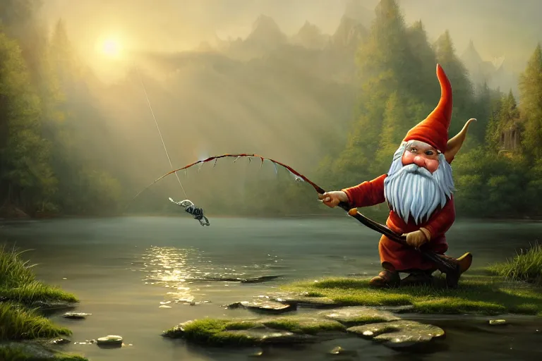 Image similar to legendary elegant gnome fishing in lake, highly detailed, d & d, fantasy, highly detailed, digital painting, trending on artstation, concept art, sharp focus, illustration, global illumination, ray tracing, realistic shaded, art by artgerm and greg rutkowski and fuji choko and viktoria gavrilenko and hoang lap