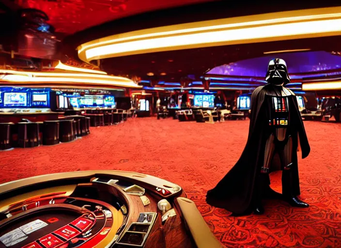 Image similar to film still of Darth Vader gambling in Vegas in the new Star Wars movie, 4k