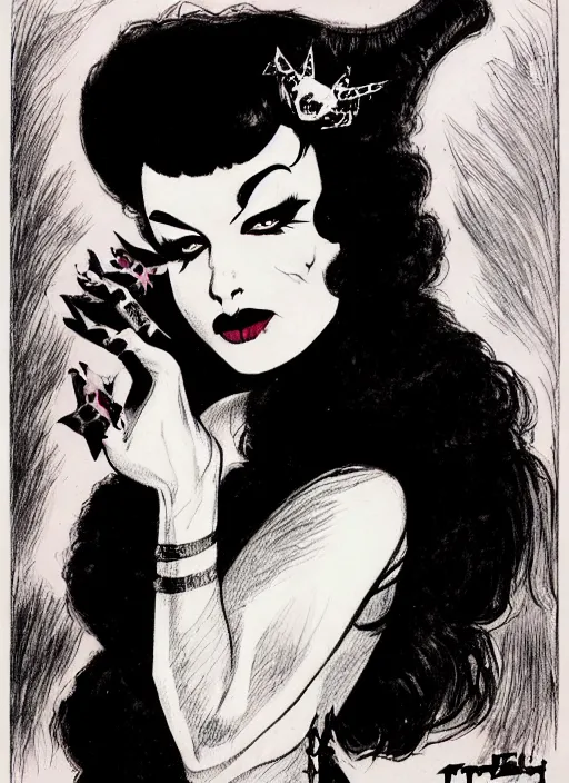 Prompt: of a goth girl burlesque psychobilly punk, detailed face, white background, drawing, zoomed out, illustration by frank frazetta