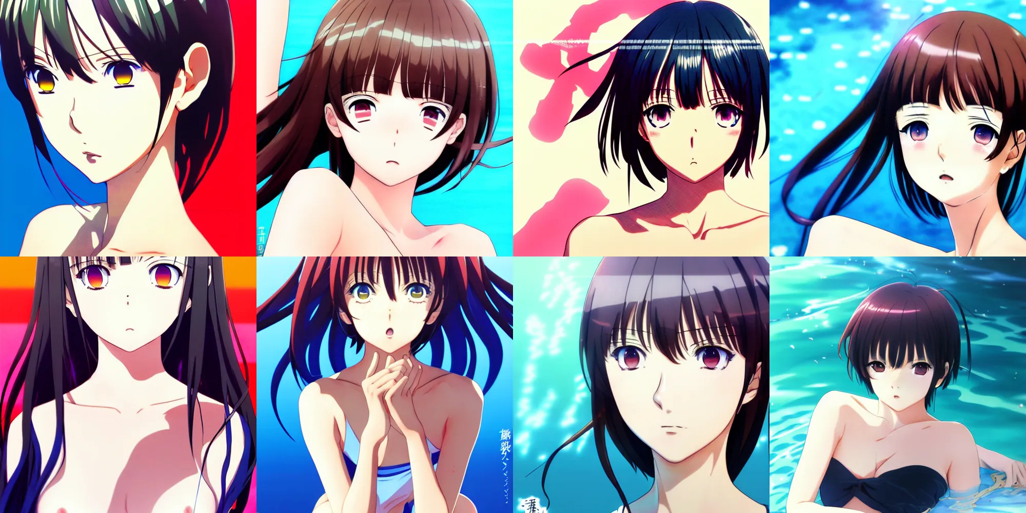 Prompt: anime poster shikishi album cover still portrait, cute female character in a pool,,,, cute face by ilya kuvshinov yoshinari yoh makoto shinkai katsura masakazu kyoani, dynamic perspective pose super detailed facial features eyebrowless symmetry, gapmoe yandere grimdark, crisp and sharp cel shade ambient light